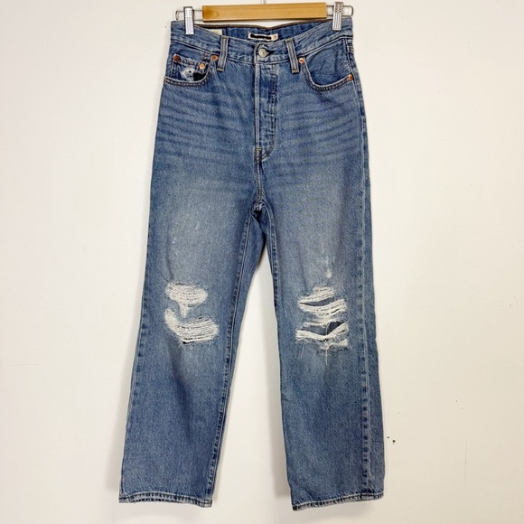 NEW Levis Ribcage Straight Ankle Jeans Womens 26 Blue Distressed High Rise Waist - Picture 1 of 14